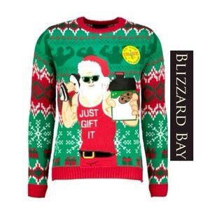 Blizzard bay ugly Christmas sweater buff Santa just gift it koozie pocket